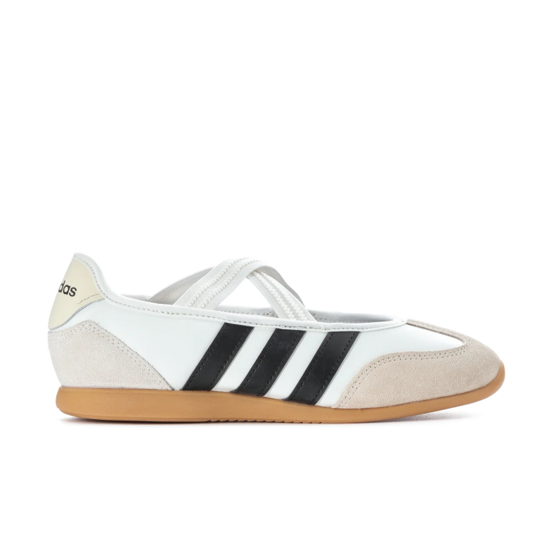 adidas White & Black Cross-Strap Ballet Sneakers with Gum Sole