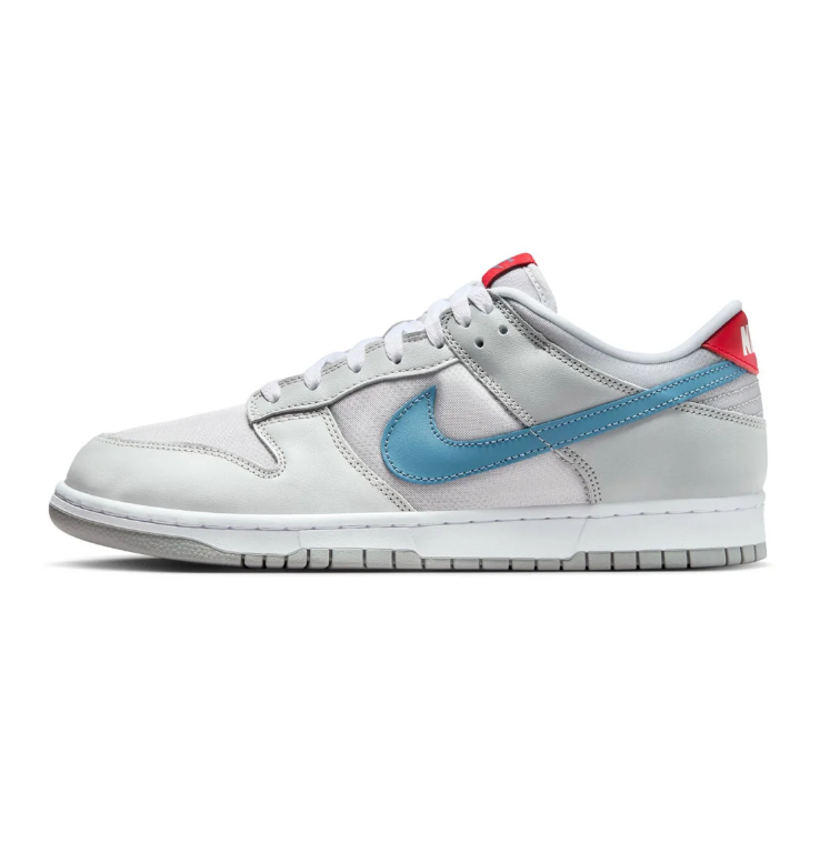 Nike Dunk Low Light Grey and Blue Sneakers with Red Accents