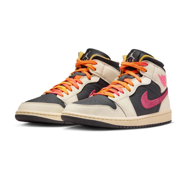 Air Jordan 1 Mid Black and Cream Sneakers with Pink Swoosh