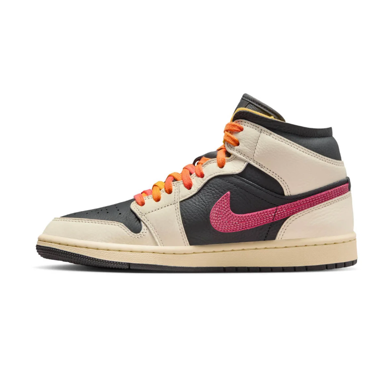 Air Jordan 1 Mid Black and Cream Sneakers with Pink Swoosh