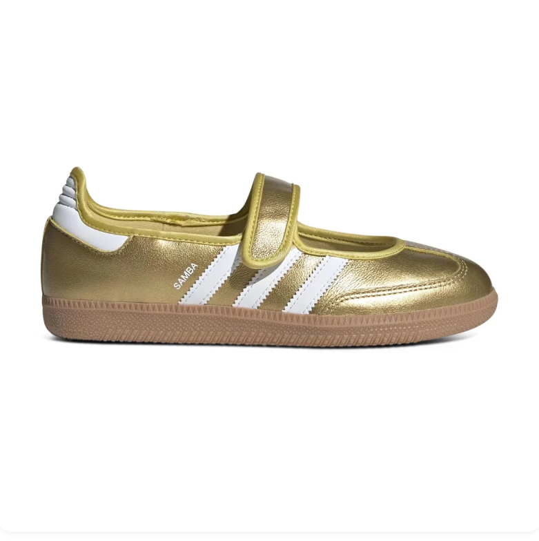 Adidas Samba Gold-Tone Mary Jane Shoes with White Stripes
