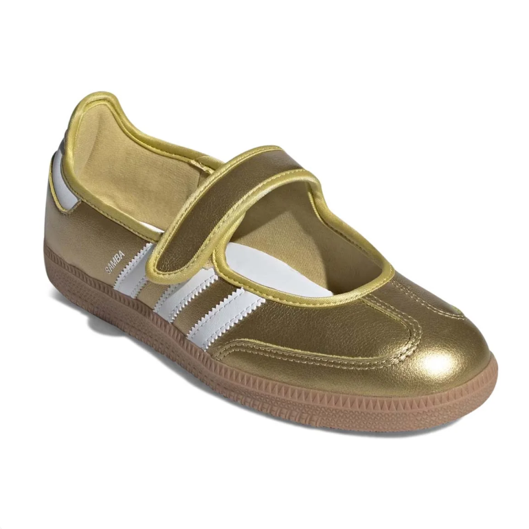 Adidas Samba Gold-Tone Mary Jane Shoes with White Stripes