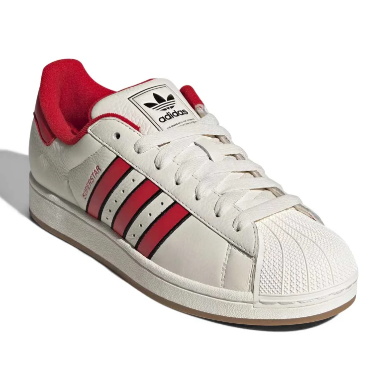 Adidas Superstar White and Red Sneakers with Black-Outlined Stripes
