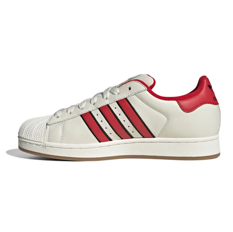 Adidas Superstar White and Red Sneakers with Black-Outlined Stripes