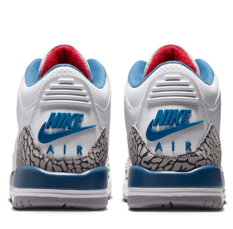 Jordan White and Blue Sneakers with Elephant-Print Panels and Red Accents