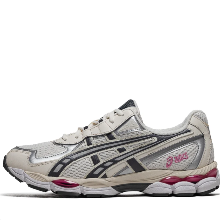 ASICS Cream and Silver Mesh Sneakers with Black Stripes and Burgundy Accents