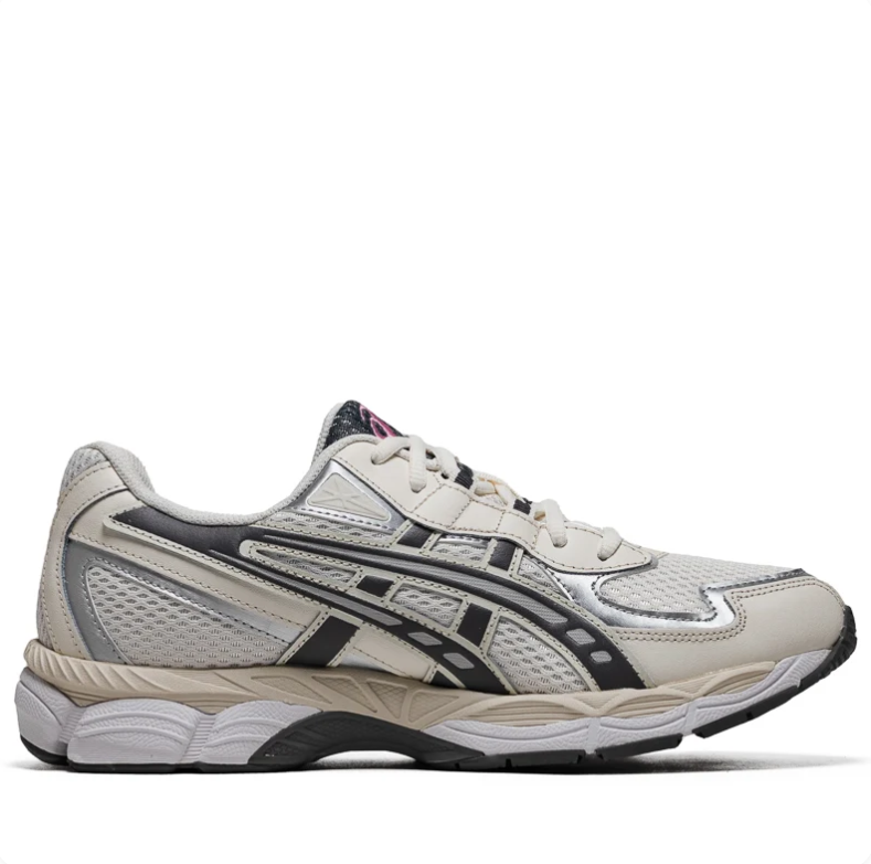 ASICS Cream and Silver Mesh Sneakers with Black Stripes and Burgundy Accents