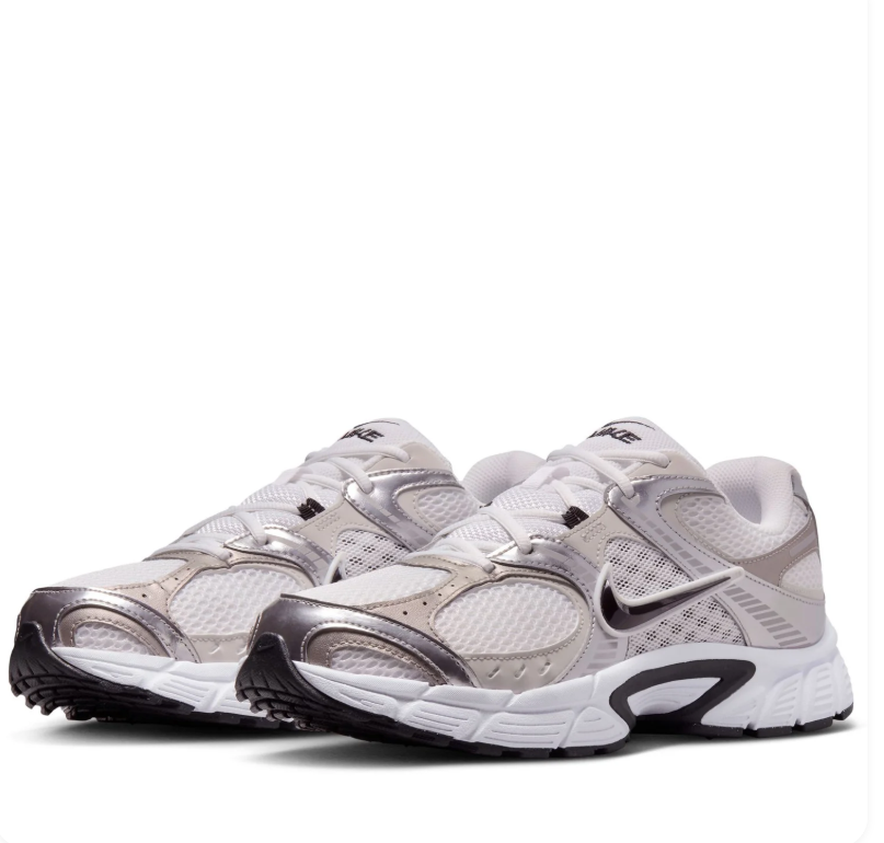 Nike White and Metallic Silver Mesh Sneakers with Black Swoosh Details