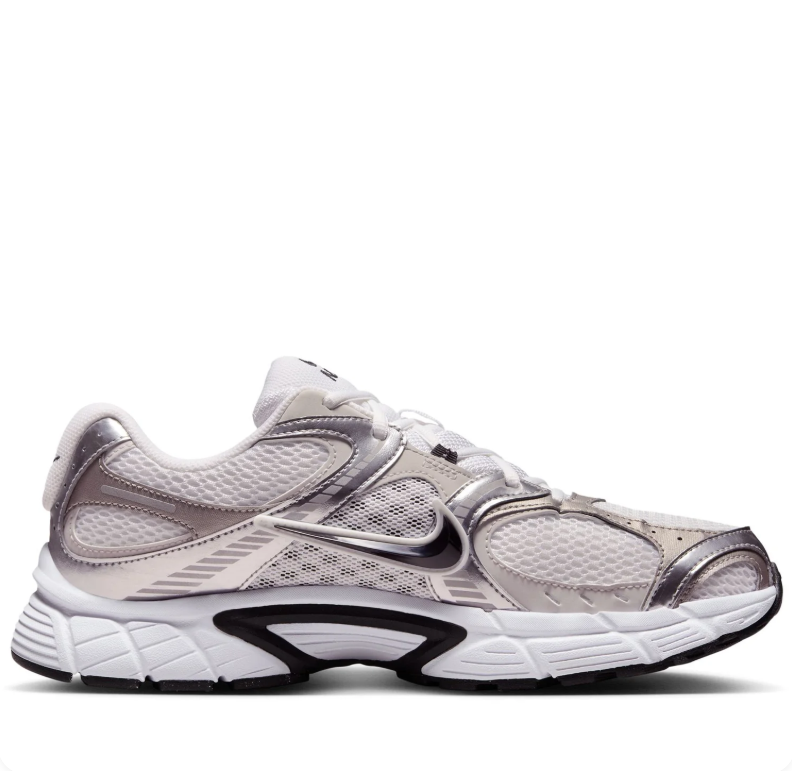 Nike White and Metallic Silver Mesh Sneakers with Black Swoosh Details
