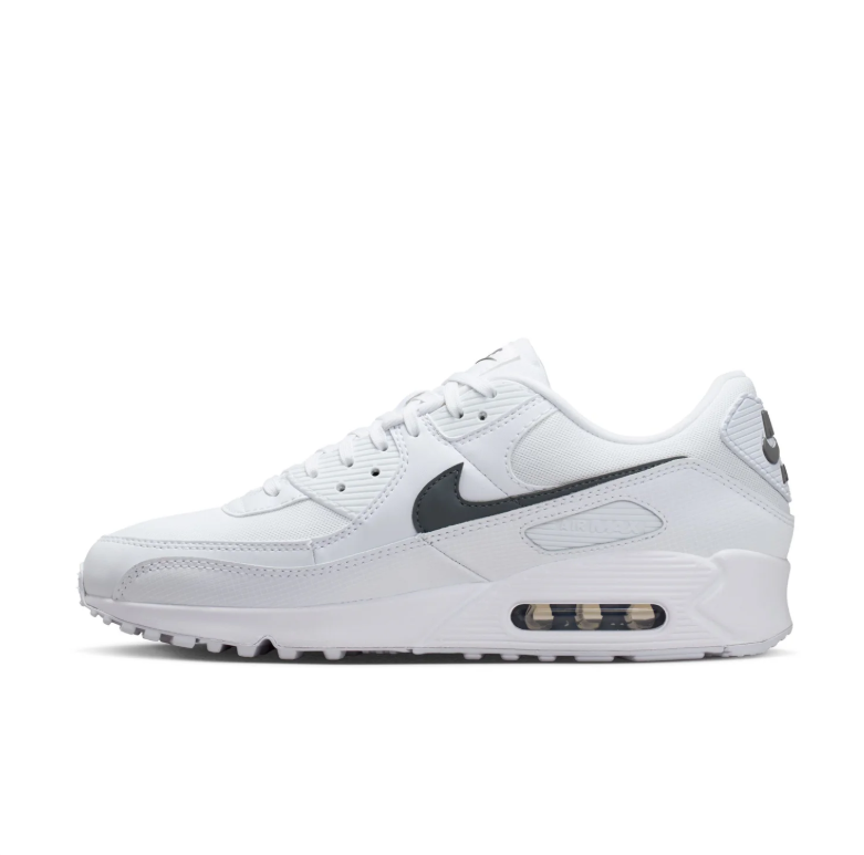 Nike Air Max White Sneakers with Dark Grey Swoosh and Visible Heel Window