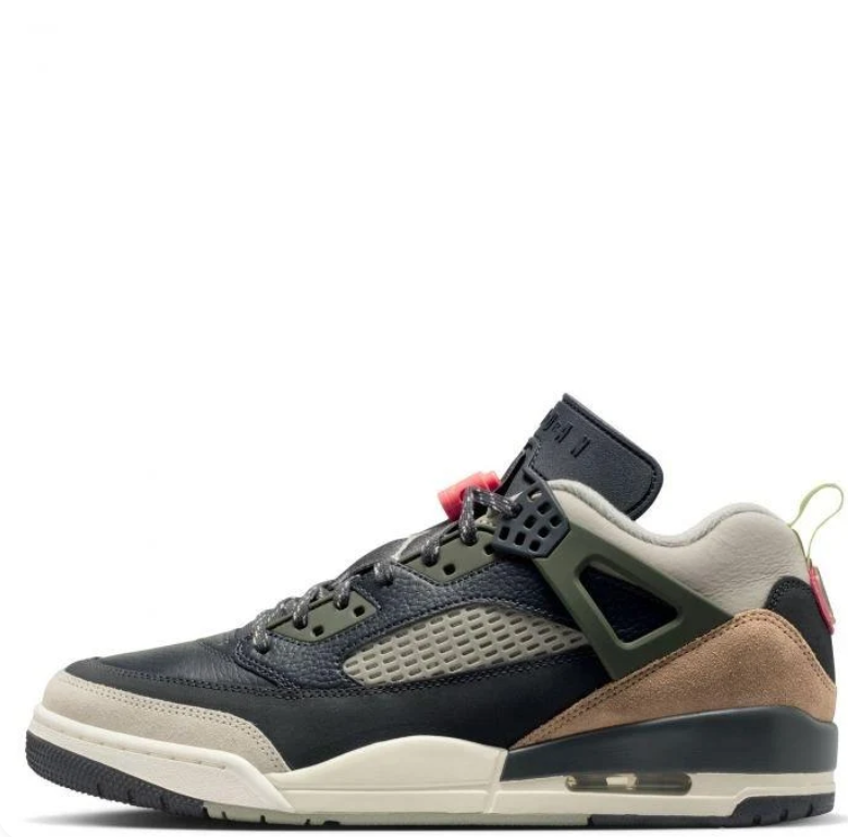 Jordan Black and Olive Sneakers with Tan Heel Panels and Coral Accents