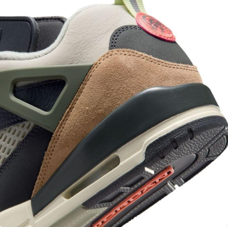 Jordan Black and Olive Sneakers with Tan Heel Panels and Coral Accents