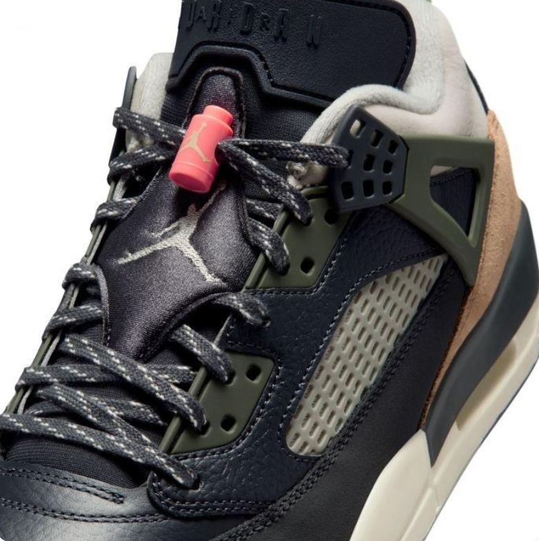Jordan Black and Olive Sneakers with Tan Heel Panels and Coral Accents