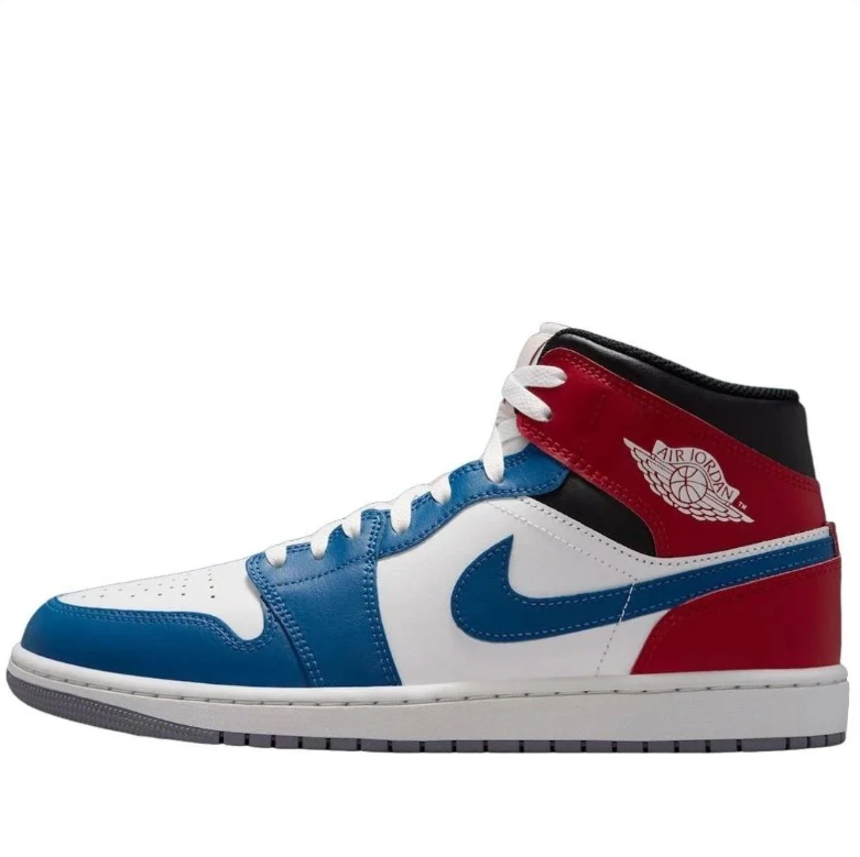 Jordan White, Blue and Red Mid-Top Sneakers with Black Collar