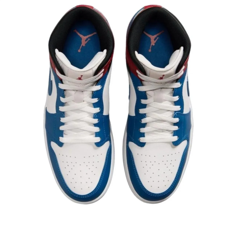 Jordan White, Blue and Red Mid-Top Sneakers with Black Collar