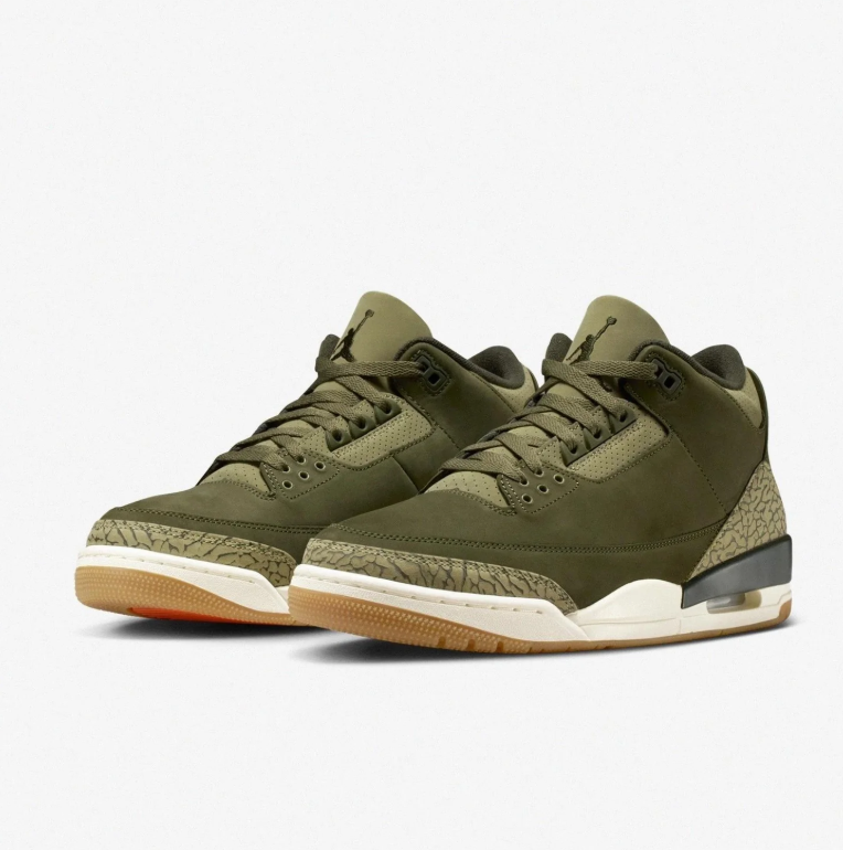 Jordan Olive Green Sneakers with Elephant-Print Panels and Gum-Tone Sole