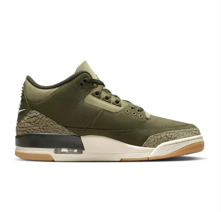 Jordan Olive Green Sneakers with Elephant-Print Panels and Gum-Tone Sole