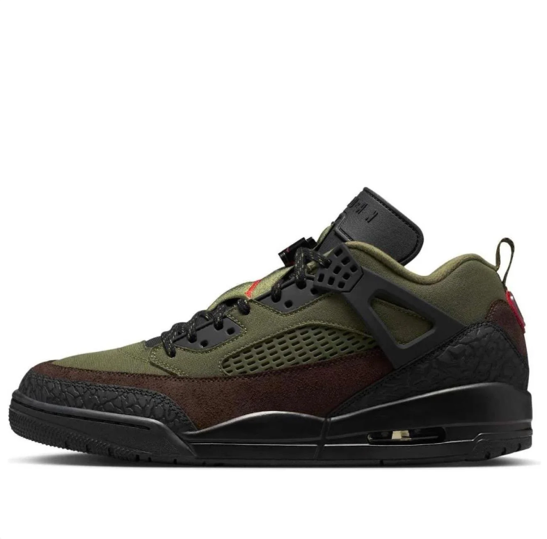 Jordan Olive Green and Brown Sneakers with Black Panels and Red Accents