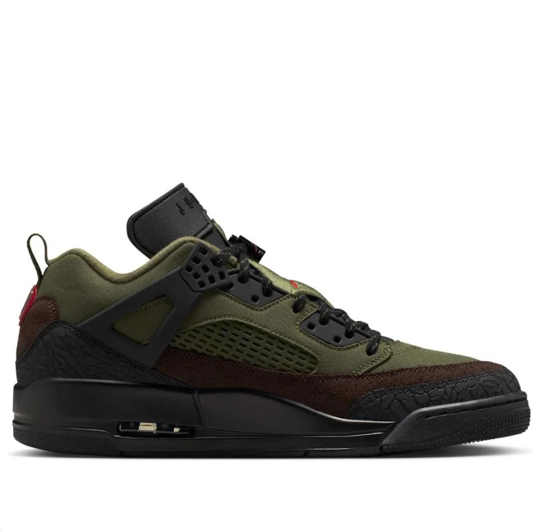 Jordan Olive Green and Brown Sneakers with Black Panels and Red Accents
