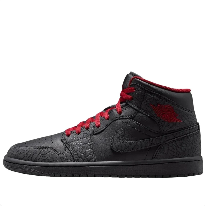 Jordan Black High-Top Sneakers with Elephant-Pattern Overlays and Red Laces