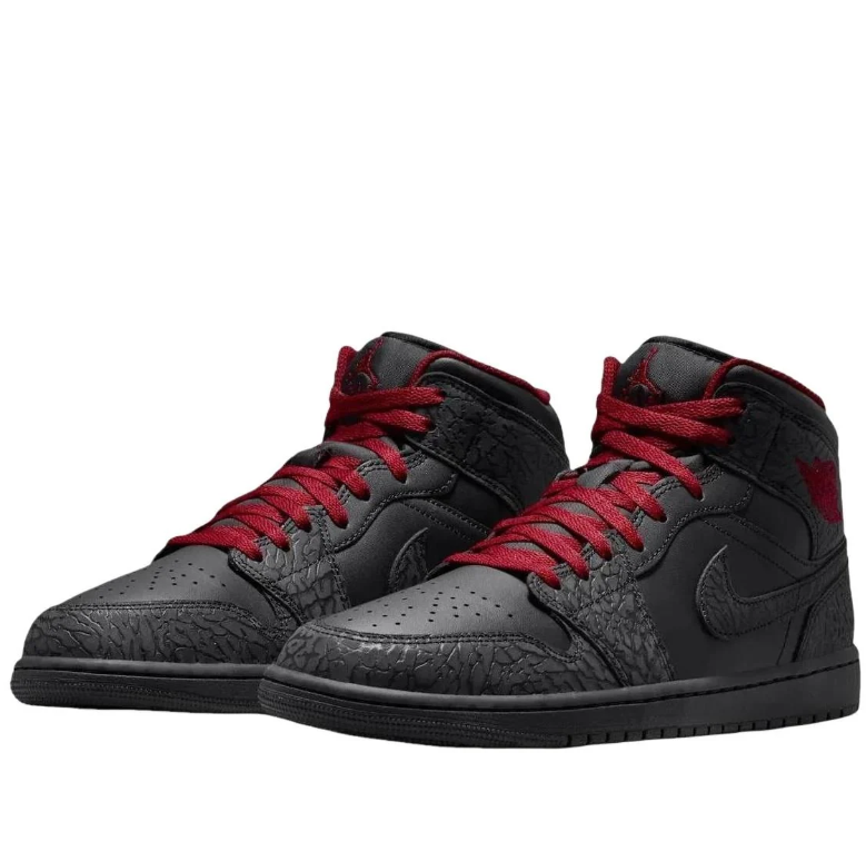 Jordan Black High-Top Sneakers with Elephant-Pattern Overlays and Red Laces