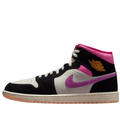 Jordan Black and Off-White High-Top Sneakers with Pink Collars and Purple Swooshes
