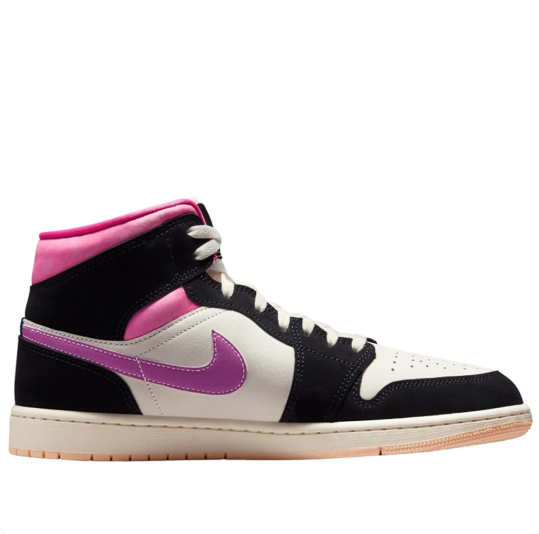 Jordan Black and Off-White High-Top Sneakers with Pink Collars and Purple Swooshes