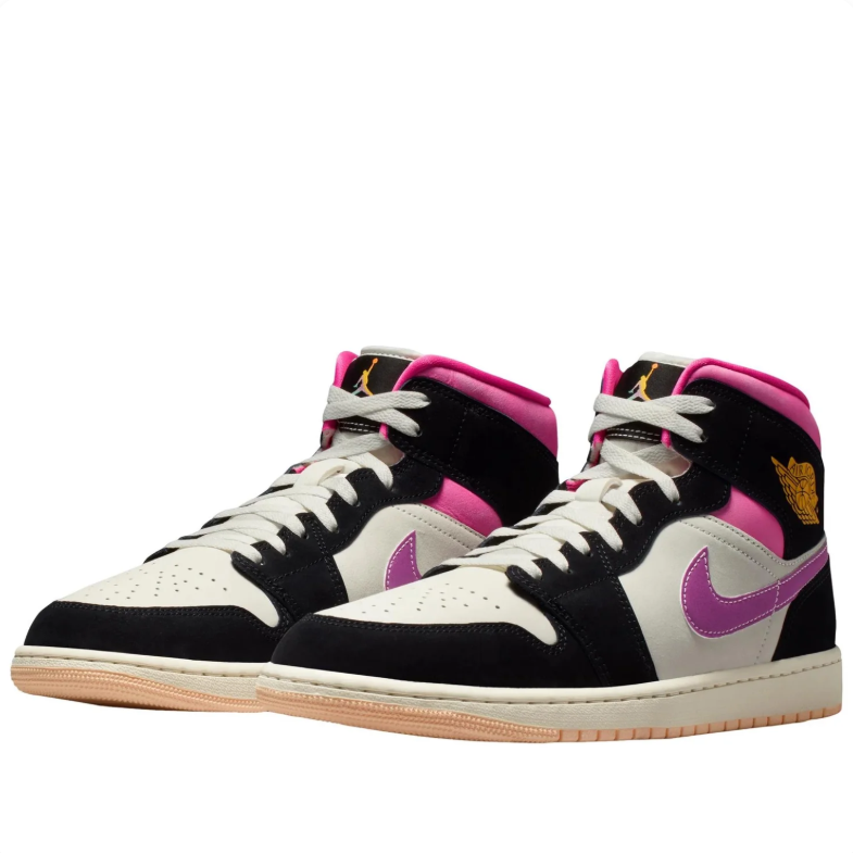 Jordan Black and Off-White High-Top Sneakers with Pink Collars and Purple Swooshes