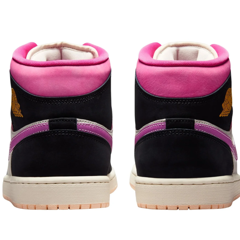 Jordan Black and Off-White High-Top Sneakers with Pink Collars and Purple Swooshes