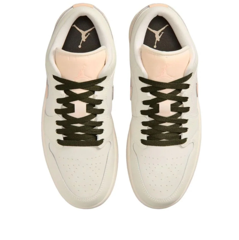 Jordan Off-White Low-Top Sneakers with Peach Swooshes and Olive Laces