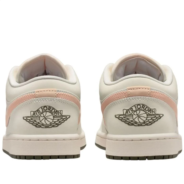 Jordan Off-White Low-Top Sneakers with Peach Swooshes and Olive Laces