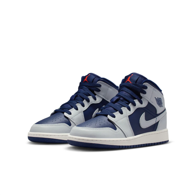 Jordan Navy Blue and Light Gray High-Top Sneakers with Red Jumpman Details
